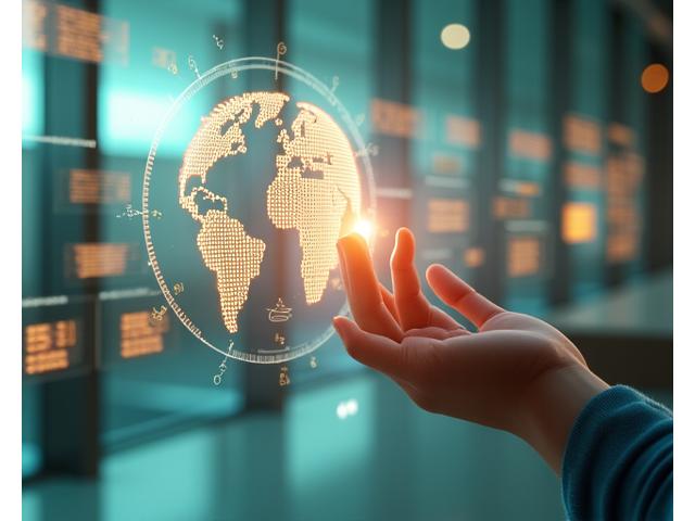 A futuristic holographic interface displaying health metrics and globe, symbolizing advanced AI and global expansion.