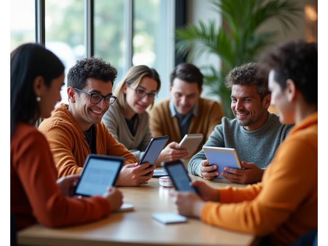 A diverse group of adults engaging with tablets and smartphones in a modern, light-filled community space, symbolizing platform launch and user engagement.