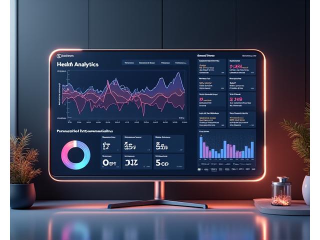 A futuristic, intuitive health analytics dashboard displayed on a large monitor, showing various charts, trends, and personalized recommendations, with green and orange accents denoting positive and areas for improvement.