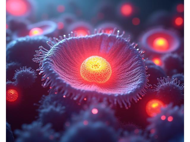 Microscopic view of healthy, active cells with glowing mitochondria, symbolizing cellular energy and longevity.