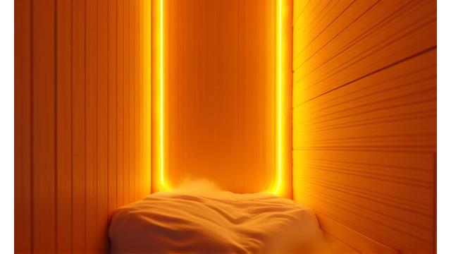 Interior of a modern infrared sauna with glowing heaters